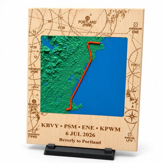 Custom flight keepsake with sectional-inspired engraving, compass rose and personalized flight details.