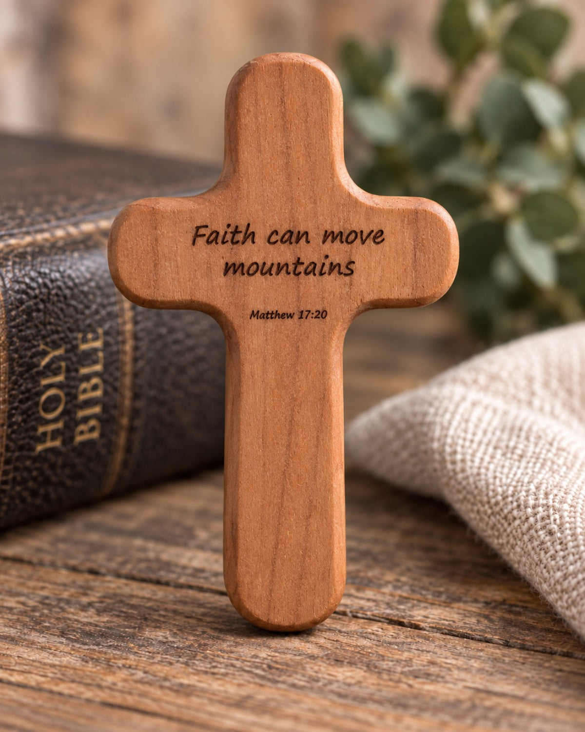 Cherry pocket cross engraved Faith can move mountains Matthew 17:20
