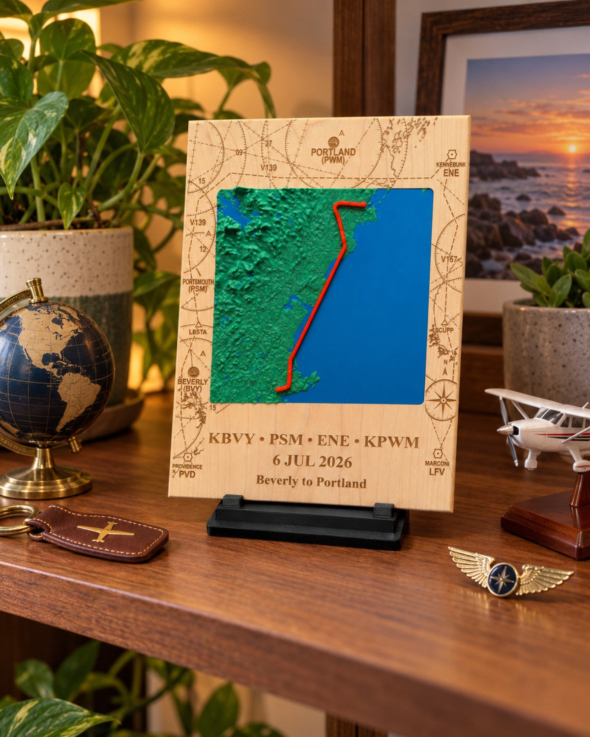 Beverly to Portland custom 3D flight keepsake on wooden bookshelf with aviation decor and a model airplane