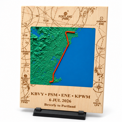 Custom flight keepsake with sectional-inspired engraving, compass rose and personalized flight details.