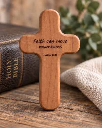 Cherry pocket cross engraved Faith can move mountains Matthew 17:20