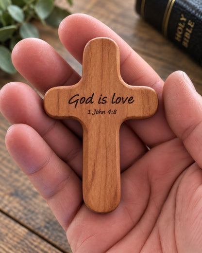 Cherry pocket cross engraved God is love 1 John 4:8