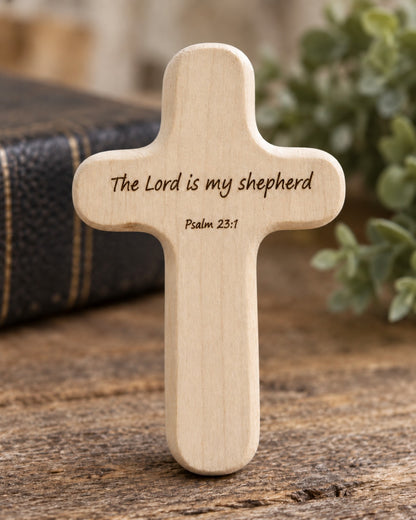 Poplar pocket cross engraved The Lord is my shepherd Psalm 23:1
