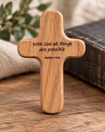 Red Oak pocket cross engraved With God all things are possible Matthew 19:26
