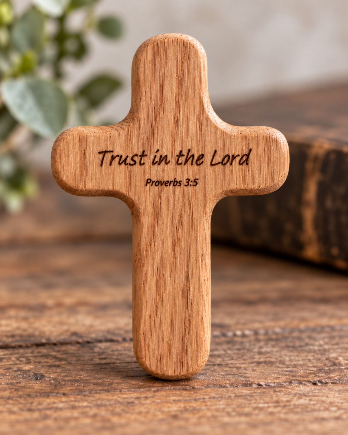 Red Oak pocket cross engraved Trust in the Lord Proverbs 3:5