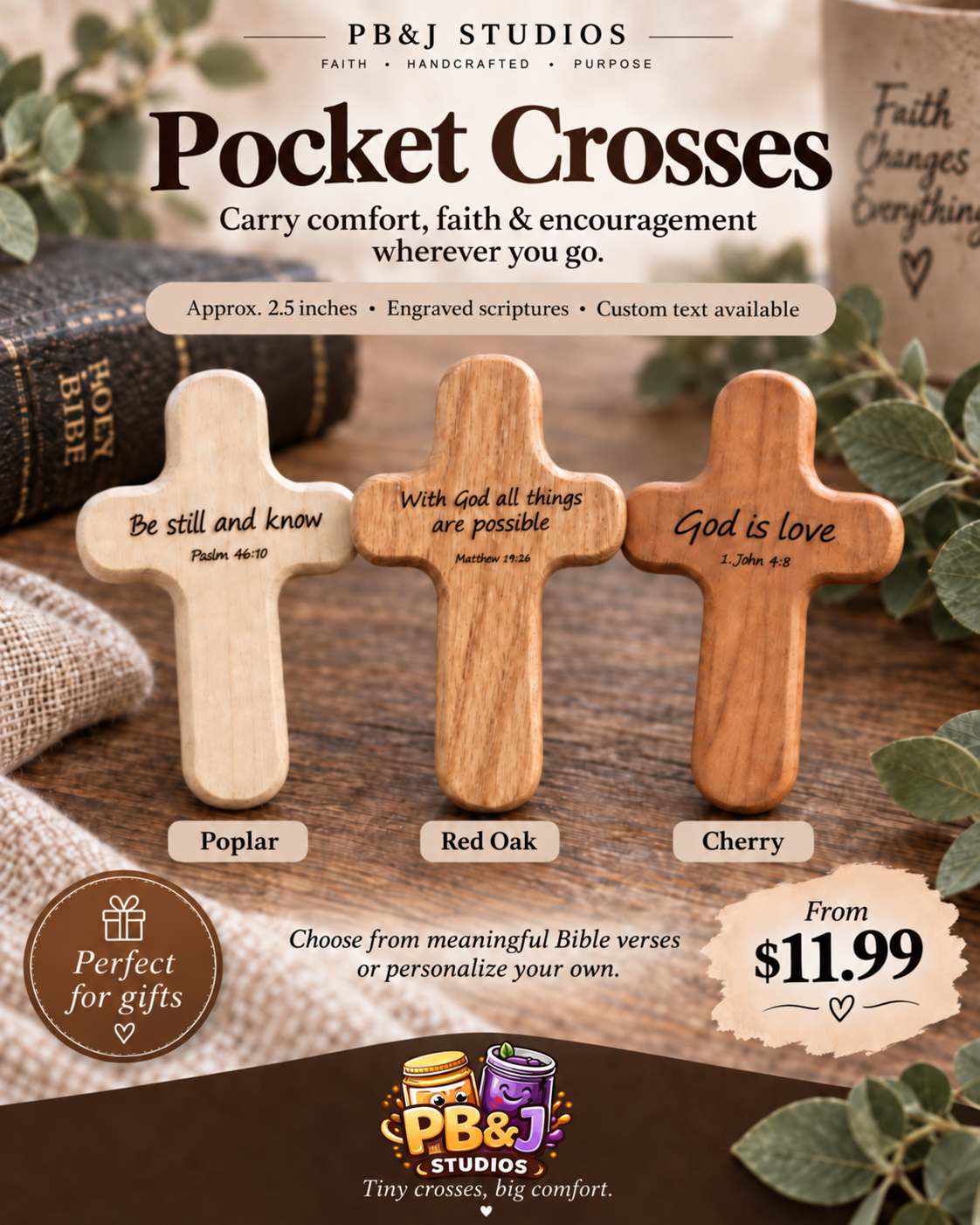 PB&J Studios Pocket Crosses ad featuring Poplar, Red Oak, and Cherry options