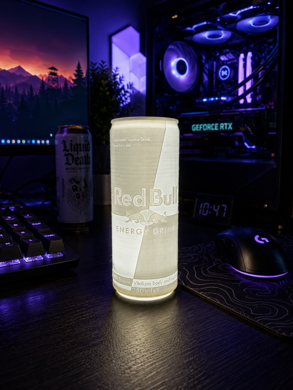 Can-style lithophane desk lamp glowing on a gaming desk
