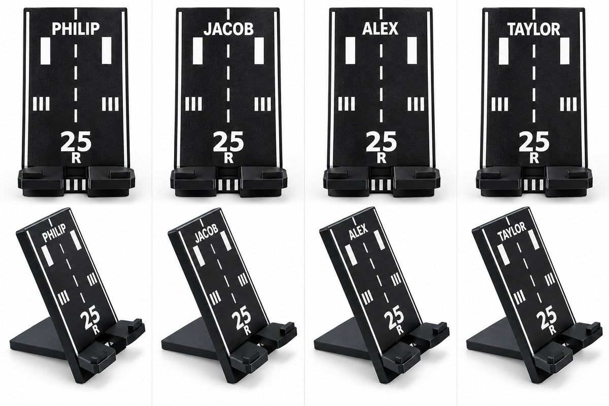 Custom name examples PHILIP JACOB ALEX TAYLOR on runway phone stands