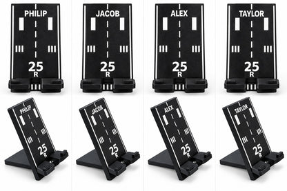 Custom name examples PHILIP JACOB ALEX TAYLOR on runway phone stands