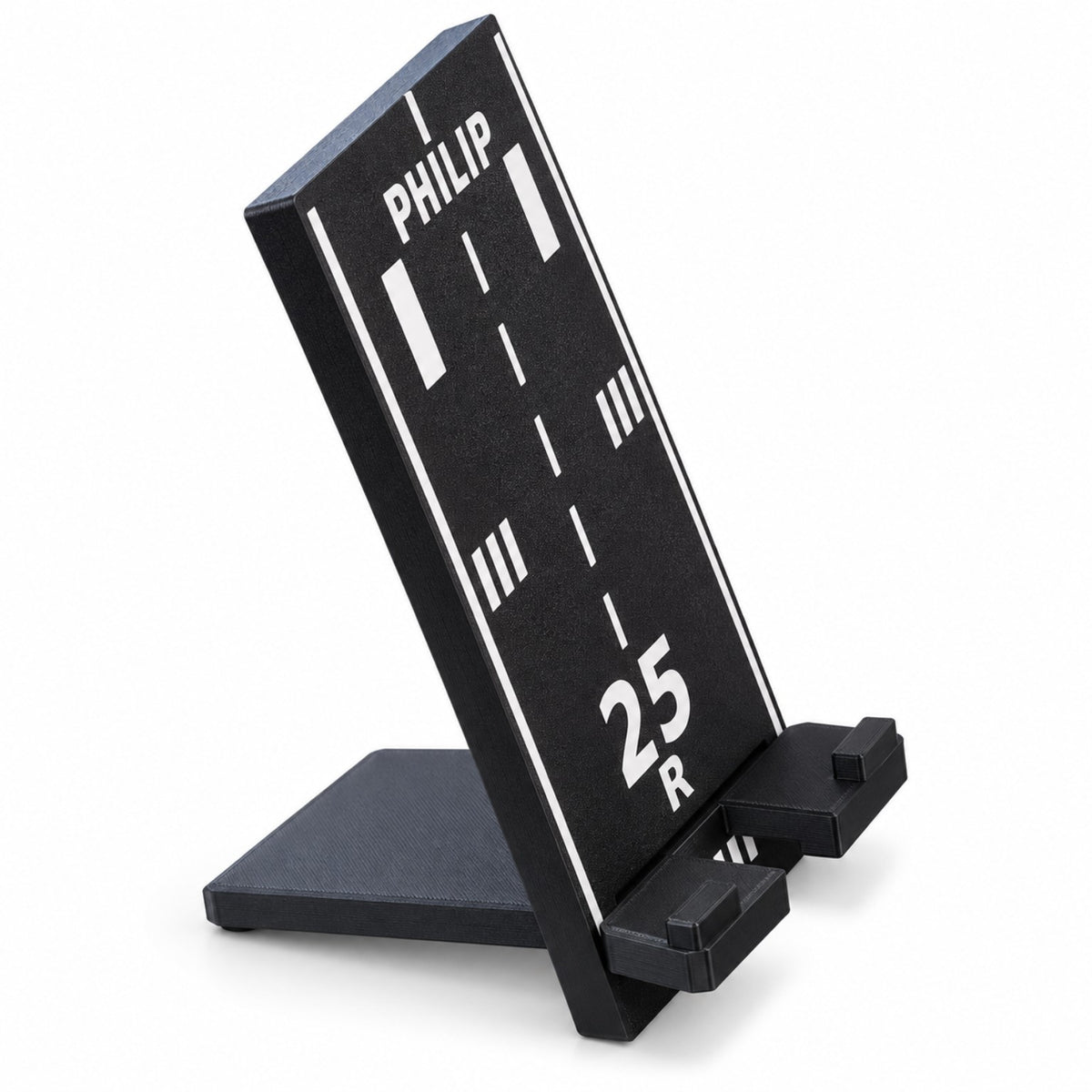 Black runway phone stand seen from the side